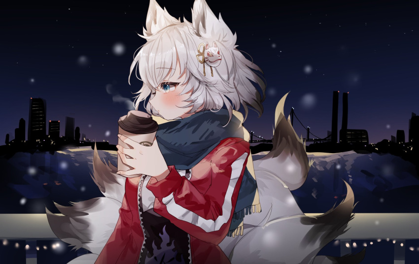 1girl animal_ears blue_eyes blush coffee facing_to_the_side fox_ears fox_girl fox_tail highres indie_virtual_youtuber jacket kasai_cinder long_sleeves looking_to_the_side multiple_tails night night_sky pale_skin profile scarf short_hair silver_hair sky sorani_(kaeru0768) tail virtual_youtuber
