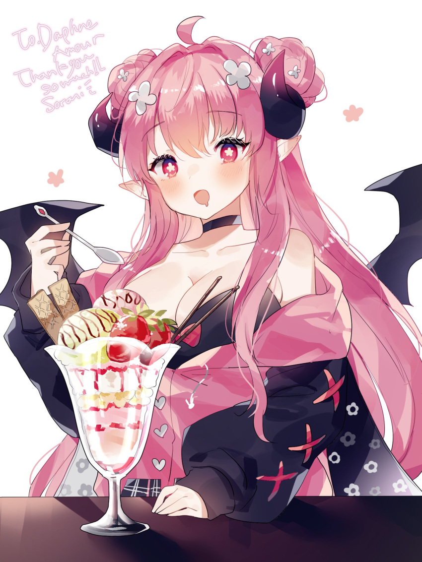 1girl blush breasts daphne_amour demon_girl demon_horns demon_wings flower food hair_flower hair_ornament highres horns ice_cream indie_virtual_youtuber large_breasts pale_skin pointy_ears saliva sorani_(kaeru0768) spoon sundae unicorn virtual_youtuber wings