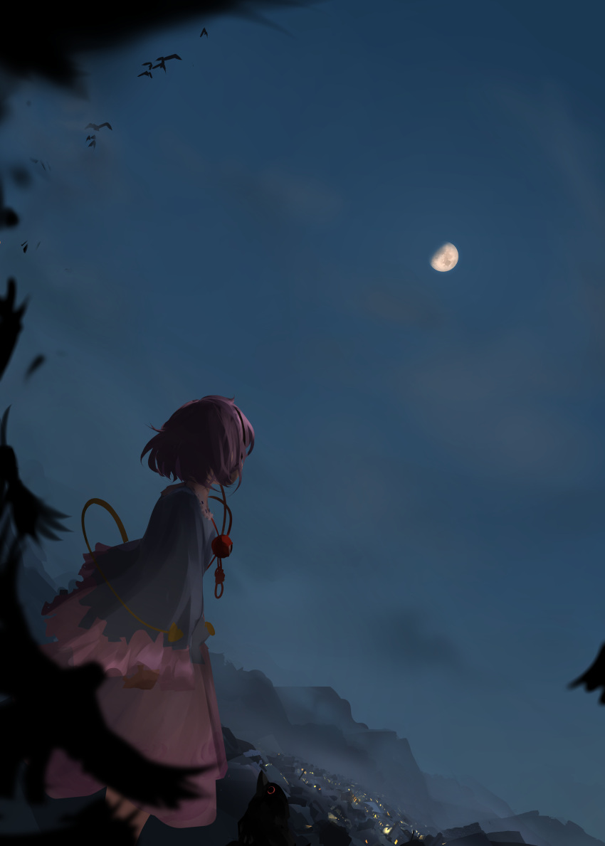 1girl absurdres bird black_eyes blouse blue_blouse building clouds commentary crow feathers feet_out_of_frame floral_print frilled_shirt_collar frilled_sleeves frills from_side highres house komeiji_satori long_sleeves looking_away moon mountain mountainous_horizon night night_sky pink_hair pink_skirt red_eyes rose_print scenery short_hair skirt sky solo third_eye touhou ushitsuchi village wide_sleeves