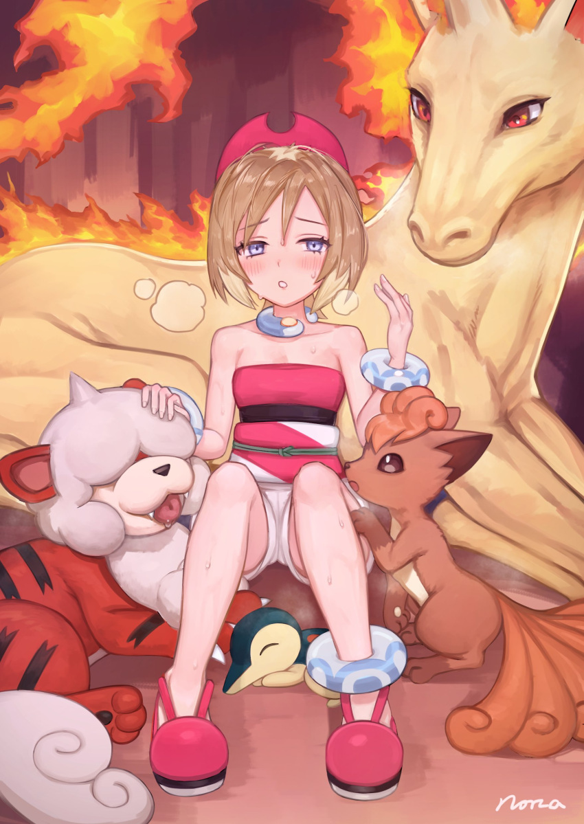 1girl absurdres artist_name bare_shoulders blue_eyes blush breasts brown_hair collarbone cyndaquil fanning_face fire hairband highres horse irida_(pokemon) norza pokemon pokemon_(creature) pokemon_(game) pokemon_legends:_arceus rapidash red_eyes red_footwear red_hairband shirt short_hair shorts sitting small_breasts strapless strapless_shirt sweat tongue tongue_out vulpix white_shorts