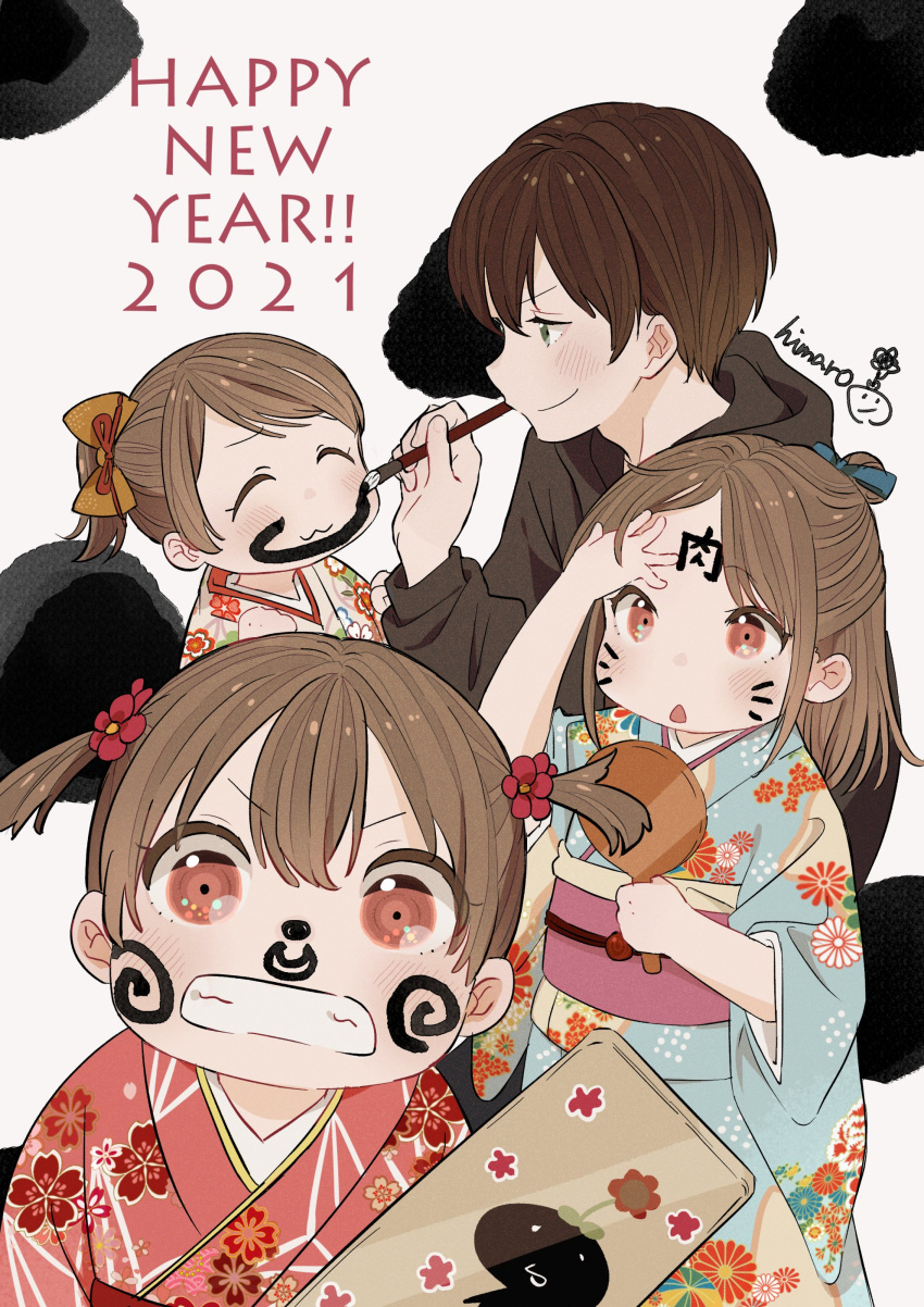 1boy 2021 3girls :3 :d absurdres artist_name blue_kimono body_writing brother_and_sister brown_hair brush calligraphy_brush commentary_request drawing_on_another's_face facepaint floral_print green_eyes hagoita hanetsuki happy_new_year highres himaro holding holding_paddle ink japanese_clothes kimono looking_at_viewer multiple_girls new_year obi open_mouth original paddle paintbrush pink_eyes pink_kimono ponytail print_kimono red_kimono sash short_hair siblings signature sisters smile translated triplets twintails