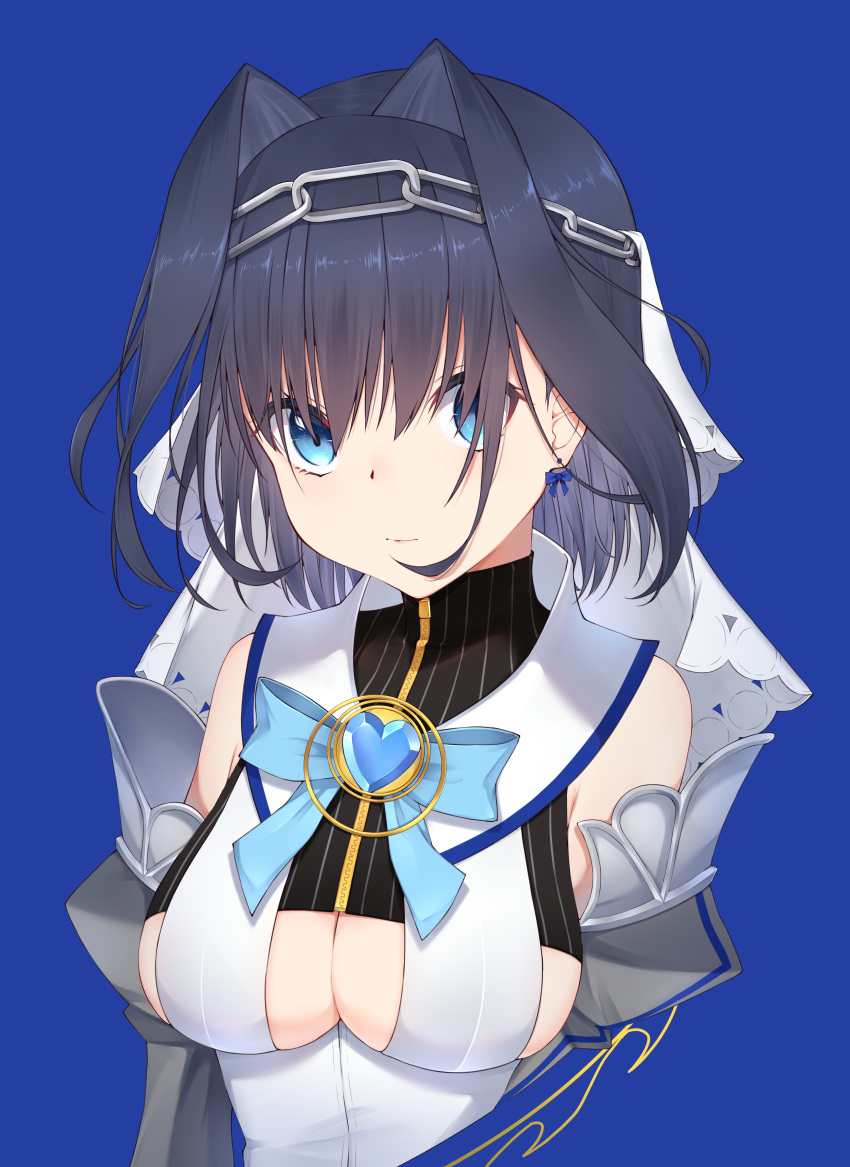 1girl absurdres blue_hair blue_ribbon bow bow_earrings breasts chain cleavage_cutout clothing_cutout detached_sleeves earrings hair_intakes head_chain headband heart-shaped_gem highres hololive jewelry large_breasts looking_at_viewer ouro_kronii ribbon ribbon_earrings sailor_collar shirt short_hair sleeveless sleeveless_shirt solo sweater tefutefu_(tefutefu_u3) turtleneck turtleneck_sweater under_boob underboob_cutout virtual_youtuber zipper