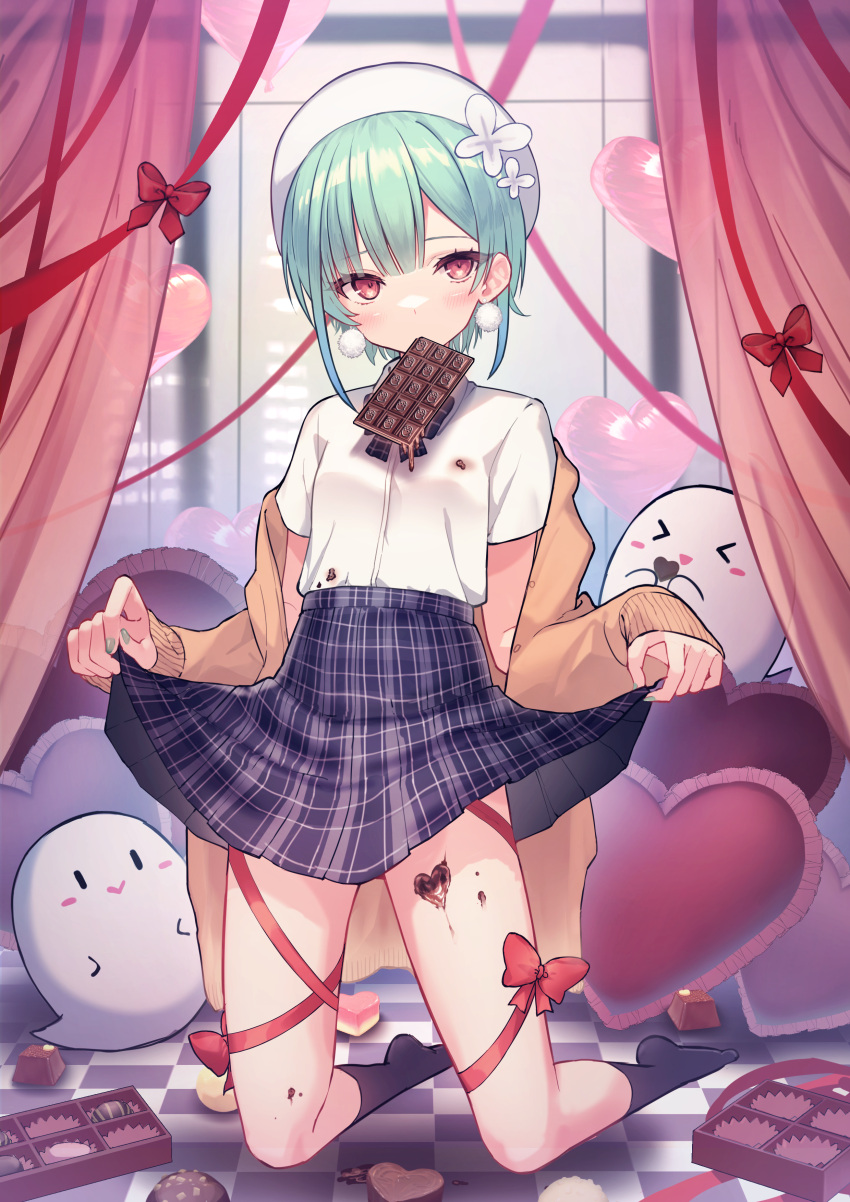 1girl absurdres balloon bangs black_legwear box box_of_chocolates brown_jacket candy checkered_floor chocolate chocolate_bar chocolate_on_clothes commentary_request curtains earrings fandead_(uruha_rushia) food food_in_mouth food_on_clothes full_body green_hair green_nails hat heart heart_balloon highres hololive indoors jacket jewelry kneehighs kneeling leg_ribbon long_sleeves looking_at_viewer mouth_hold nail_polish no_shoes off_shoulder open_clothes open_jacket plaid plaid_skirt pom_pom_(clothes) pom_pom_earrings red_eyes red_ribbon ribbon shirt short_hair skirt skirt_hold solo tauta_(meshia8787) uruha_rushia virtual_youtuber white_headwear white_shirt