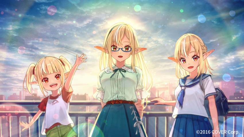bangs blonde_hair blue_neckerchief blue_sailor_collar blue_skirt cityscape clouds commentary_request day elf glasses green_ribbon green_shirt green_shorts highres hololive long_hair looking_at_viewer multicolored_hair multiple_persona neck_ribbon neckerchief official_art open_mouth pleated_skirt pointy_ears red_eyes red_shirt ribbon sailor_collar sakumichi school_uniform serafuku shiranui_flare shirt short_hair short_sleeves shorts skirt sky standing streaked_hair twintails virtual_youtuber white_hair white_shirt younger