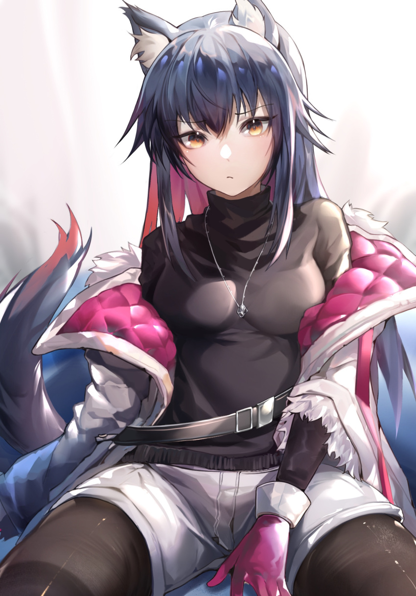 1girl animal_ear_fluff animal_ears arknights bangs black_hair black_legwear black_sweater breasts closed_mouth eyebrows_visible_through_hair gloves highres jacket jewelry legwear_under_shorts long_sleeves looking_at_viewer medium_breasts multicolored_hair necklace official_alternate_costume open_clothes open_jacket pantyhose pink_gloves redhead short_shorts shorts solo sweater tabayashi tail texas_(arknights) texas_(winter_messenger)_(arknights) two-tone_hair v-shaped_eyebrows white_jacket white_shorts wolf_ears wolf_girl wolf_tail yellow_eyes