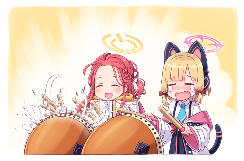 2girls :d =_= ^_^ afterimage animal_ears bangs black_skirt blonde_hair blue_archive blush bow braid cat_ear_headphones closed_eyes collared_shirt commentary_request dress_shirt drum drumming drumsticks eyebrows_visible_through_hair fake_animal_ears forehead hair_bow halo harada_(sansei_rain) headphones highres holding holding_drumsticks instrument jacket long_hair long_sleeves momoi_(blue_archive) multiple_girls off_shoulder open_clothes open_jacket pleated_skirt red_bow redhead shirt skirt smile star_(symbol) tail tears white_bow white_jacket white_shirt wide_sleeves yuzu_(blue_archive)