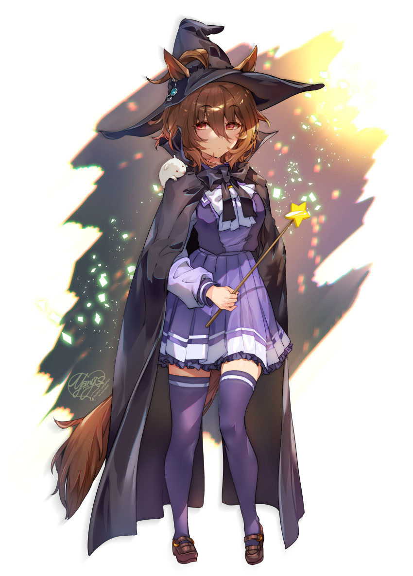 1girl :| absurdres agnes_tachyon_(umamusume) animal_ears artist_logo bangs black_bow black_bowtie black_cape black_legwear bow bowtie brown_footwear brown_hair bunny_on_shoulder cape closed_mouth commentary dress eyebrows_visible_through_hair full_body hair_between_eyes hat highres holding holding_wand horse_ears horse_tail layered_dress lens_flare mary_janes pleated_dress purple_dress red_eyes shoes short_hair solo standing star_(symbol) tail thigh-highs umamusume wand white_background white_bow witch_hat yanyo_(ogino_atsuki) zettai_ryouiki