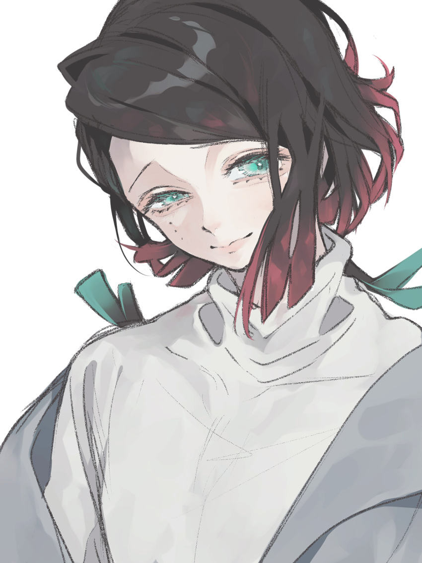 1boy black_hair closed_mouth colored_tips don_(macaron_panda13) enmu_(kimetsu_no_yaiba) green_eyes green_hair head_tilt highres kimetsu_no_yaiba long_hair looking_at_viewer male_focus mole mole_under_eye multicolored_hair redhead shawl simple_background smile solo streaked_hair turtleneck uneven_eyes upper_body white_background