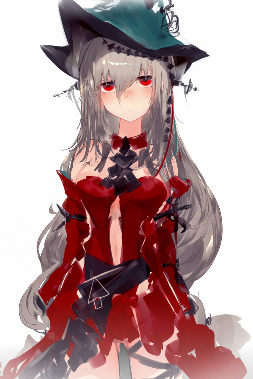 1girl :/ absurdres arknights ascot ass_visible_through_thighs bangs bare_shoulders black_ascot blush breasts clothing_cutout collar cowboy_shot detached_collar dress grey_hair hat highres long_hair looking_at_viewer medium_breasts navel navel_cutout off-shoulder_dress off_shoulder red_collar red_dress red_eyes runamonet simple_background skadi_(arknights) skadi_the_corrupting_heart_(arknights) solo white_background witch_hat