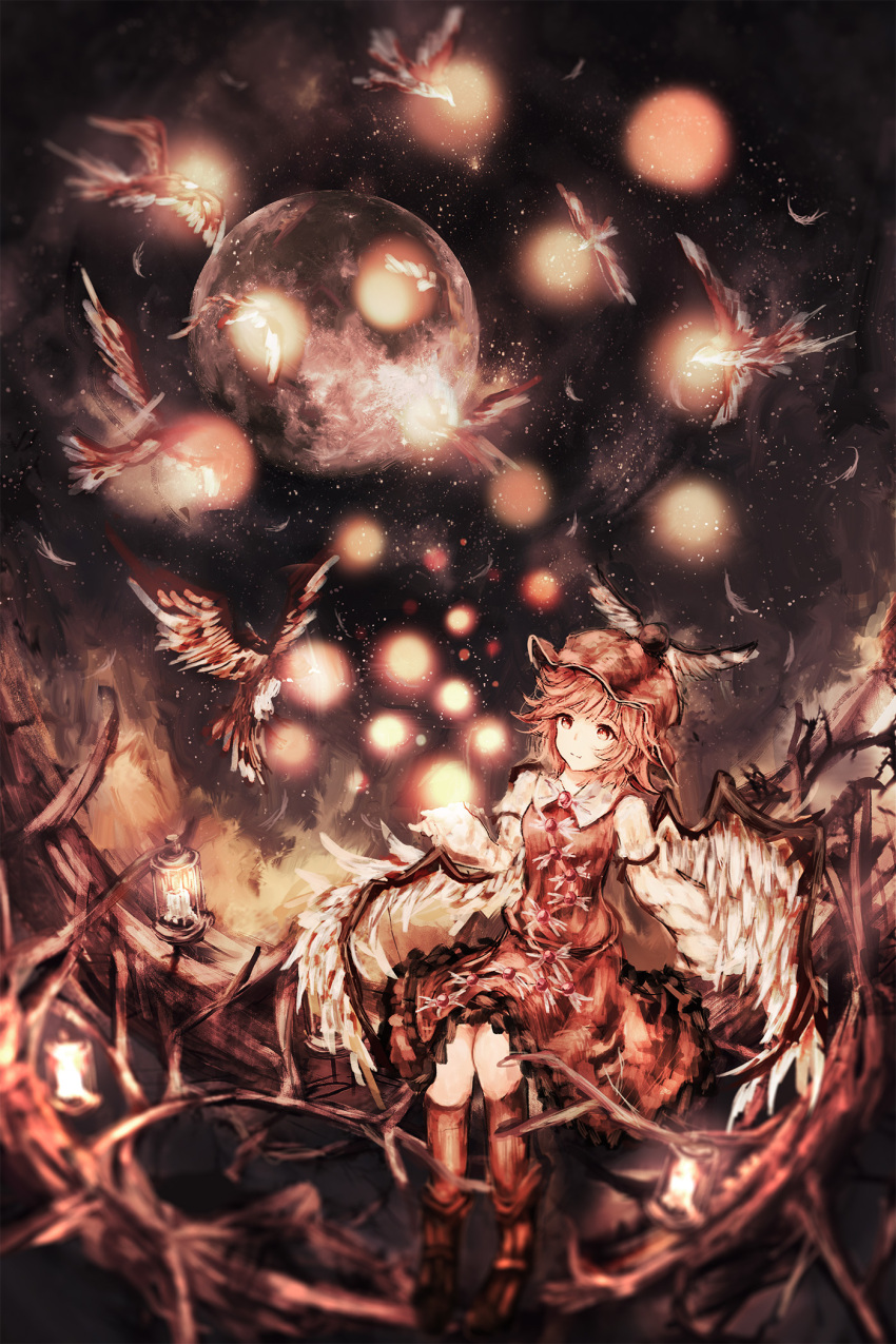 1girl bangs bird bird_wings blunt_bangs boots branch brown_eyes brown_footwear brown_hair brown_headwear brown_skirt brown_vest candle closed_mouth collared_shirt commentary feathered_wings feathers fireflies full_body full_moon hand_up highres lantern long_sleeves looking_at_object moon mystia_lorelei night shirt short_hair skirt skirt_set smile tonan_(l0l0l0l0l0l) touhou vest white_shirt winged_hat wings