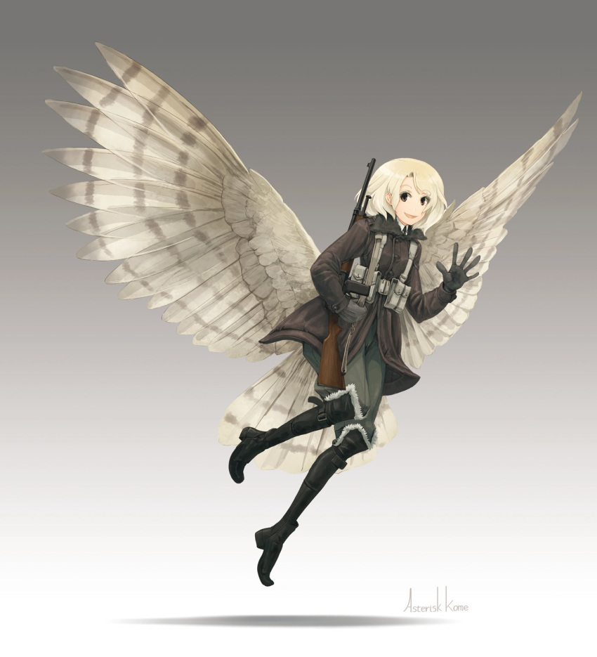 1girl asterisk_kome bird_tail bird_wings blonde_hair brown_eyes commentary_request flying gloves gun highres low_wings medium_hair military signature smile tagme tail weapon weapon_on_back winged_fusiliers wings
