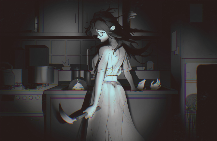 1girl absurdres bangs copyright_request hair_between_eyes highres holding holding_weapon horror_(theme) indoors kitchen long_hair looking_at_viewer looking_back messy_hair multiple_others parted_bangs pot refrigerator shirt_tucked_in short_sleeves sink skirt smile stootato_(crownsforkings) tagme weapon