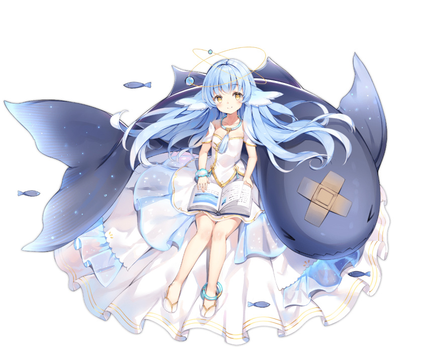 &gt;_&lt; 1girl anklet ark_order bangs blue_hair blue_scrunchie book book_on_lap bubble crossed_bandaids detached_sleeves dress fish head_fins horns jewelry kuen_(ark_order) long_hair looking_at_viewer maya_g narwhal necklace official_art open_book scrunchie short_sleeves single_horn sitting smile solo tachi-e tassel transparent_background very_long_hair white_dress white_footwear wrist_scrunchie yellow_eyes