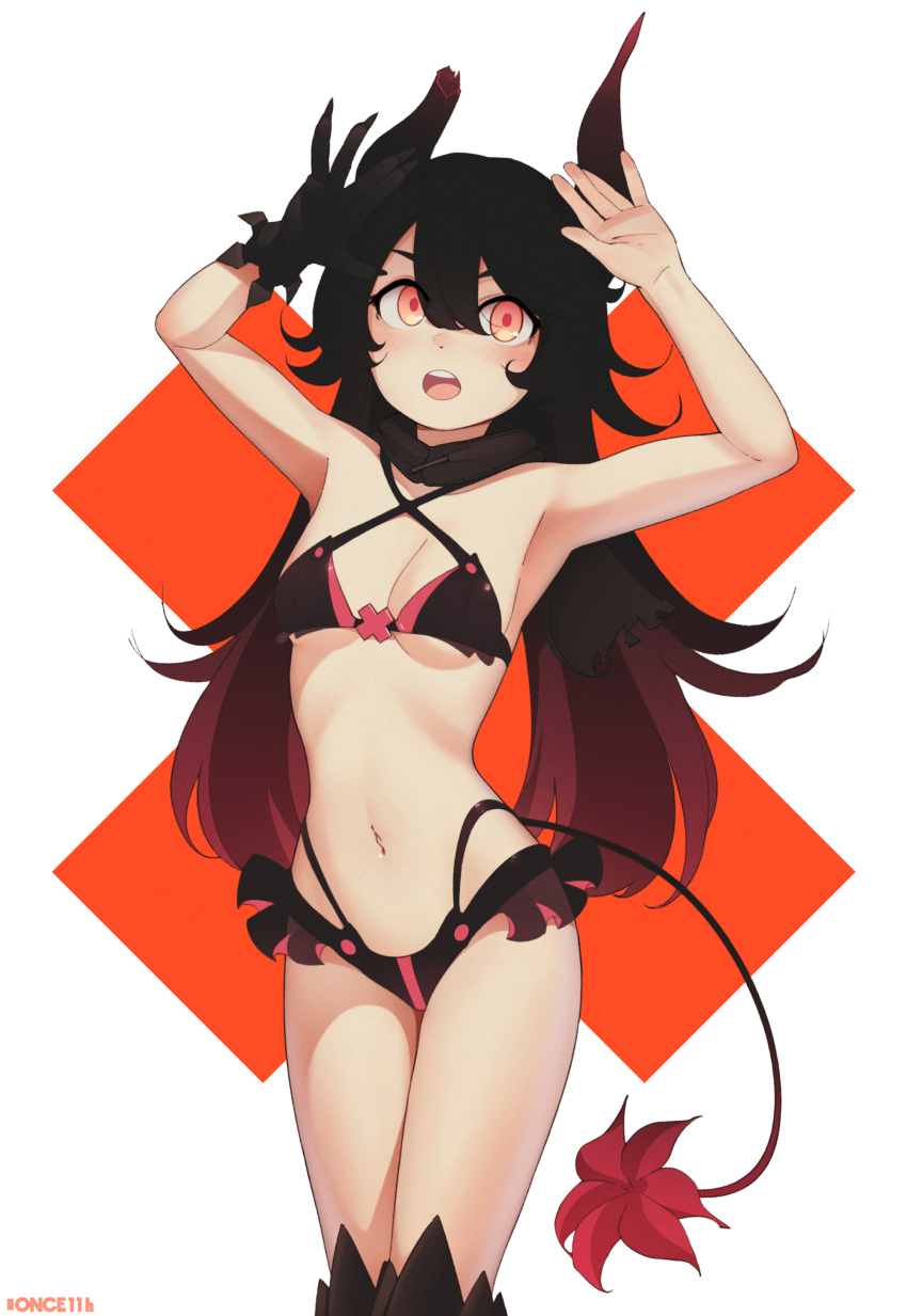 1girl absurdres arms_up artist_name black_hair breasts demon_girl demon_horns demon_tail eyebrows_visible_through_hair gradient_hair highres horns long_hair looking_at_viewer multicolored_hair navel once_11h open_mouth original red_eyes redhead small_breasts solo tail teeth upper_teeth