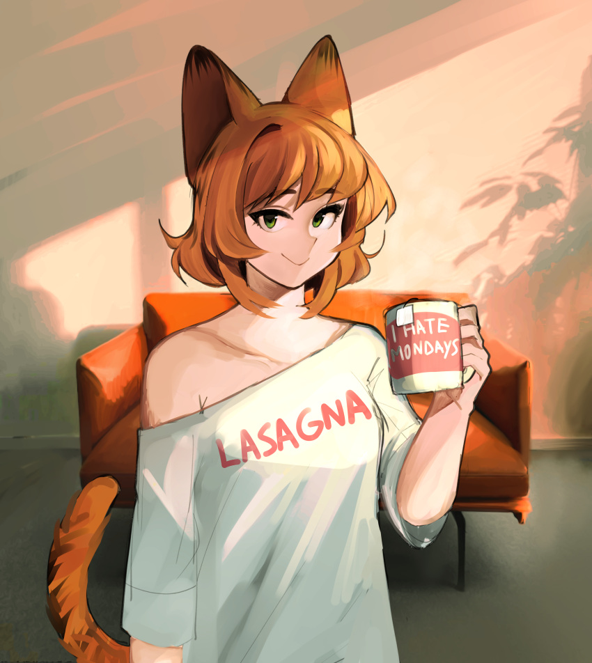 1girl absurdres animal_ears blush breasts brown_hair cat_ears cat_girl cat_tail closed_mouth clothes_writing coffee_mug collarbone couch cup english_text eyebrows_visible_through_hair garfield garfield_(character) genderswap genderswap_(mtf) green_eyes highres holding holding_cup kumaartsu looking_at_viewer medium_breasts mug mug_writing off-shoulder_shirt off_shoulder orange_hair personification shirt short_hair smile solo tail teabag white_shirt