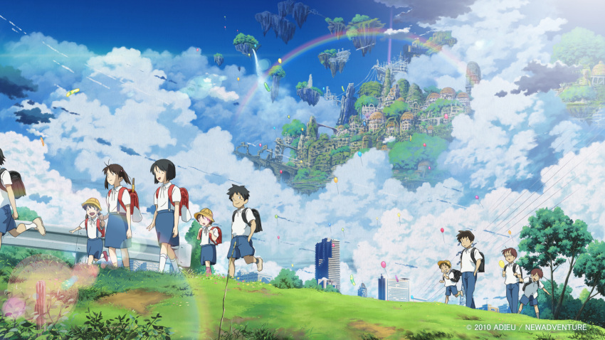 backpack bag balloon cityscape cloud commentary_request floating_castle floating_island grass highres isai_shizuka lens_flare multiple_girls power_lines rainbow scenery school_uniform sky tree water waterfall