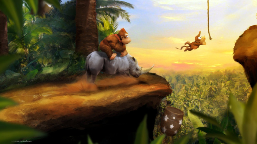 3d 3others barrel diddy_kong donkey_kong donkey_kong_country forest gorilla highres jumping monkey nature nintendo no_humans orioto palm_tree rainforest rambi rareware retro_studios rhino rhinoceros riding rope running star sunset tree wallpaper