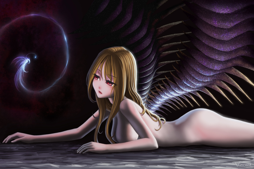 blonde_hair highres long_hair lying nude on_stomach original red_eyes solo vincent_(artist) wings