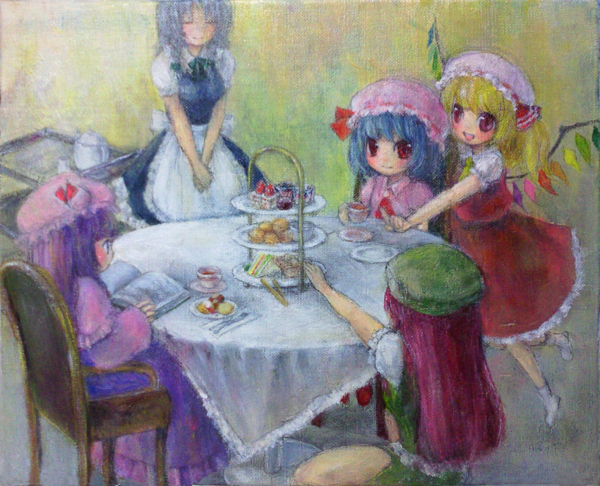 cooking dessert flandre_scarlet food highres hong_meiling izayoi_sakuya moco._(artist) oil_painting_(medium) patchouli_knowledge reiuji_utsuho remilia_scarlet table tiered_tray touhou traditional_media tray