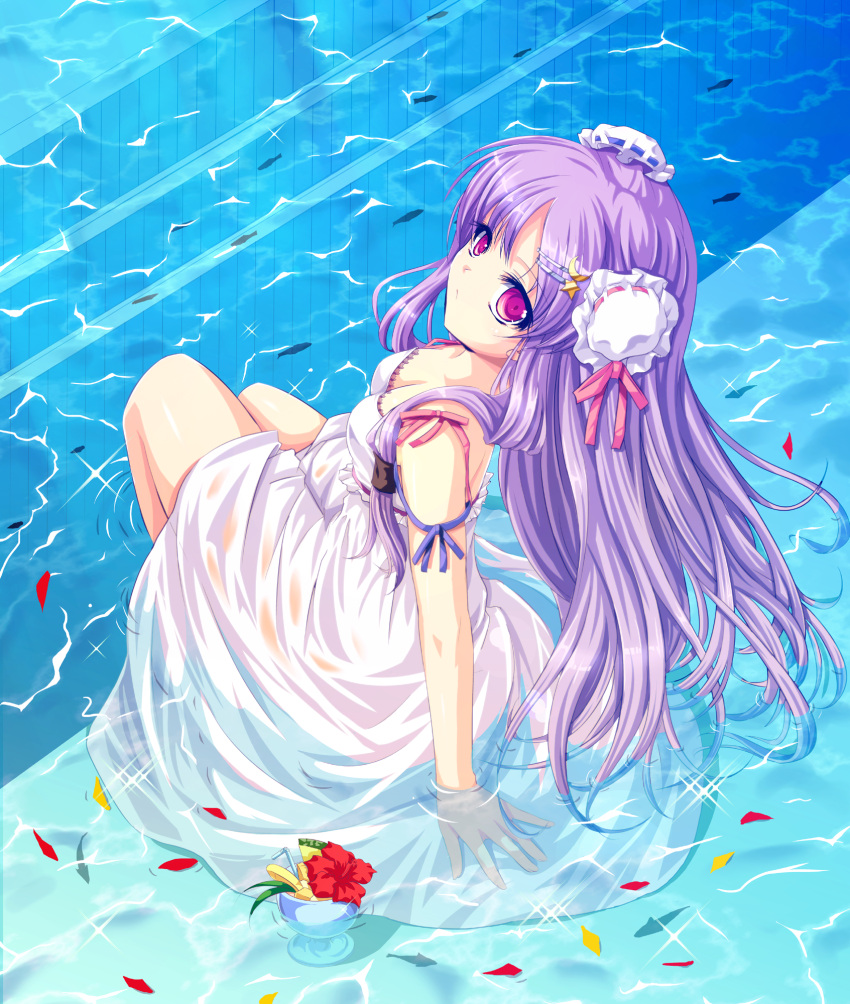 alternate_hairstyle blue breasts bun_cover cetera cleavage double_bun dress fish flower from_above hair_ornament hairclip highres long_hair looking_up patchouli_knowledge petals pink_eyes purple_hair sitting solo submerged sundress touhou water