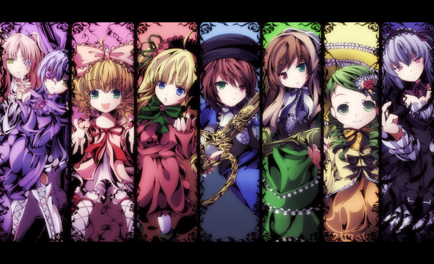 blonde_hair blue_eyes bonnet boots bow brown_hair column_lineup dress drill_hair eyepatch feathers green_eyes hair_bow hairband hat heterochromia hina_ichigo holding_hands kanaria kirakishou long_hair niyadepa outstretched_arm outstretched_hand pantyhose pink_hair purple_hair reaching rozen_maiden scissors shinku short_hair souseiseki suigintou suiseiseki thigh_boots thighhighs twin_drills twintails very_long_hair watering_can yellow_eyes