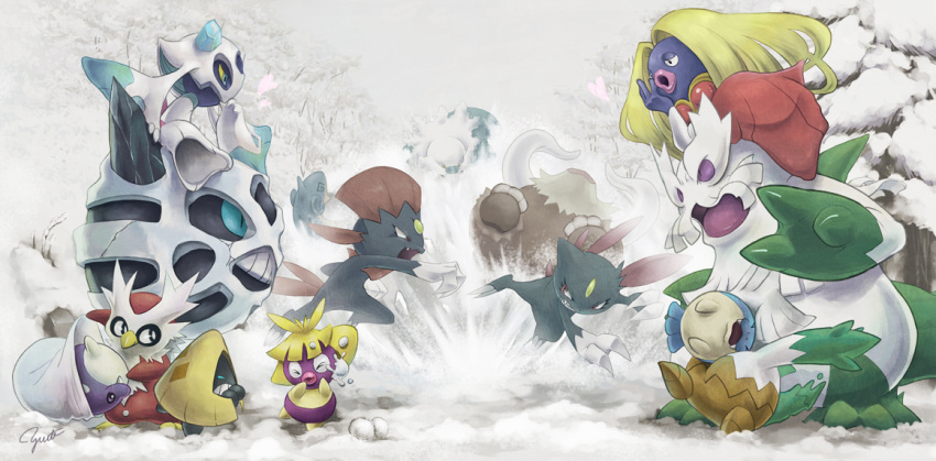 abomasnow action alternate_color battle delibird froslass glalie ice in_the_face jynx lapras mamoswine no_humans pokemon pokemon_(creature) shiny_pokemon smoochum sneasel snorunt snover snowball snowball_fight spheal walrein weavile yorujisa_yuuto