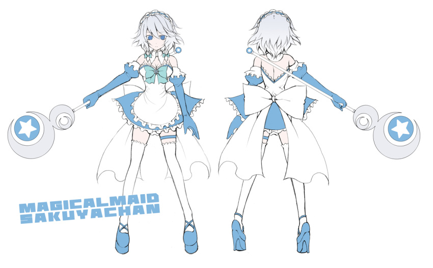 angeltype apron bare_shoulders blue_eyes bow braid breasts character_name character_sheet cleavage concept_art elbow_gloves english frills gloves hair_bow high_heels izayoi_sakuya legs magical_girl maid maid_headdress moon ribbon shoes short_hair simple_background star thigh_strap thighhighs touhou turnaround twin_braids wand white_hair white_legwear wing_collar zettai_ryouiki