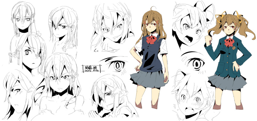 blazer brown_hair character_sheet expressions hair_ornament hair_ribbon hairclip highres long_hair original red_eyes ribbon school_uniform sketch skirt super_zombie sweater_vest twintails