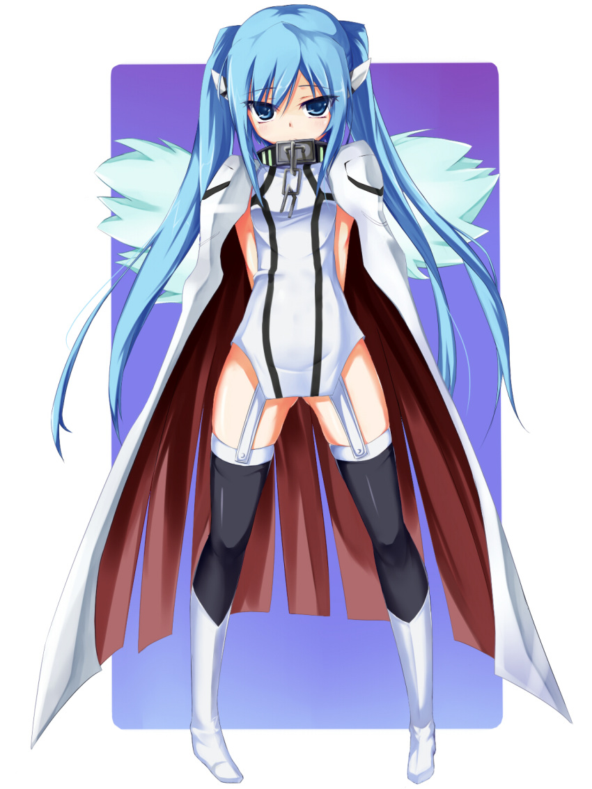 blue_eyes blue_hair boots chain chains collar highres long_hair nymph_(sora_no_otoshimono) robot_ears solo sora_no_otoshimono thigh-highs thighhighs twintails wings