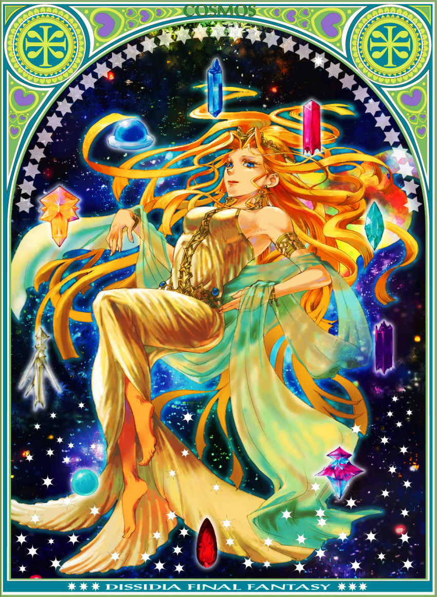 armband art_nouveau bad_id bare_shoulders barefoot blonde_hair blue_eyes bracelet cosmos_(dff) cotton_candy_(artist) crown crystal dissidia_final_fantasy dress earrings feet female final_fantasy floating_hair highres jewelry long_hair solo space very_long_hair wataame