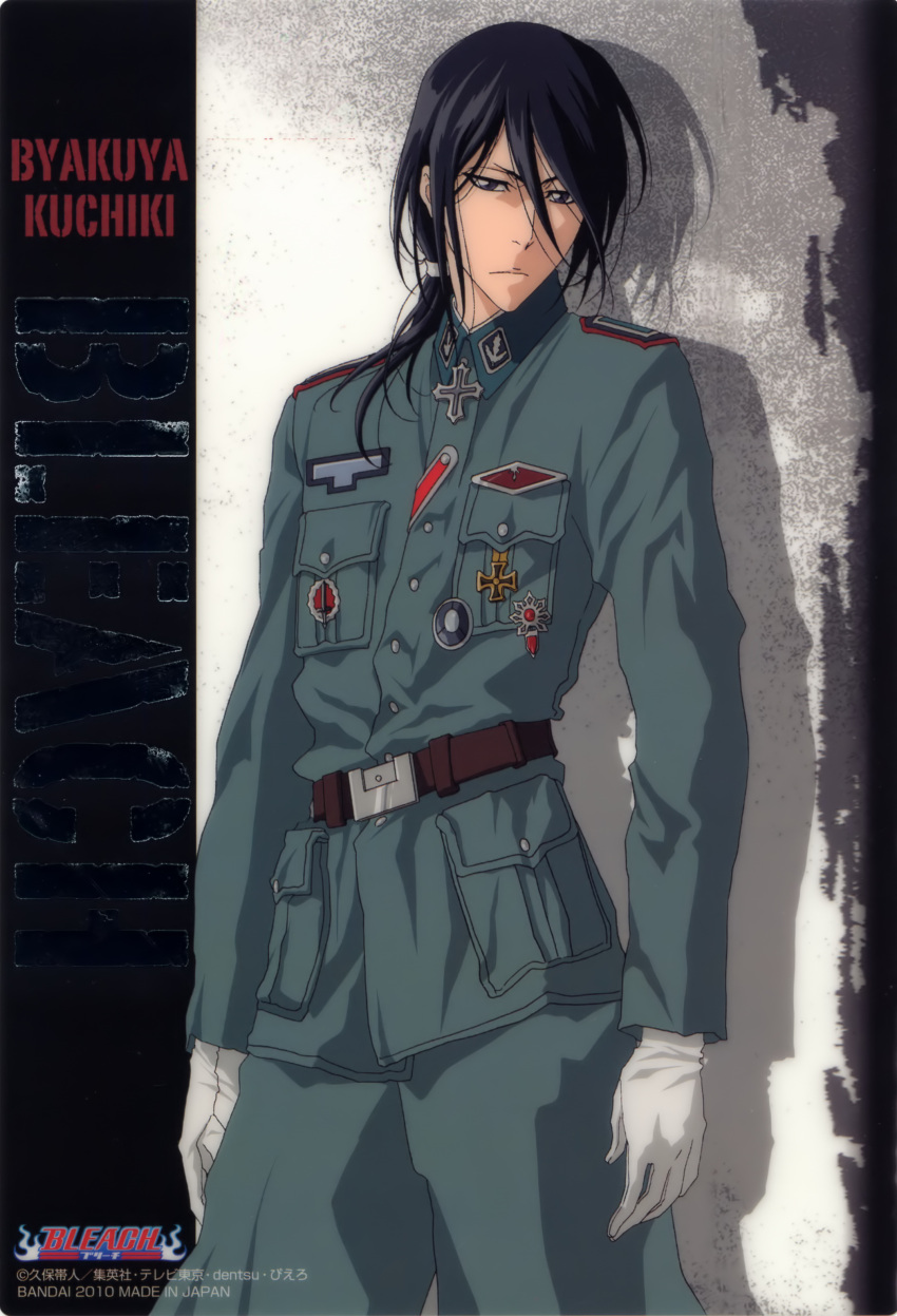 2010 absurdres badge black_hair bleach character_name gloves highres kuchiki_byakuya long_hair male military military_uniform ponytail shinigami solo source_request uniform white_gloves