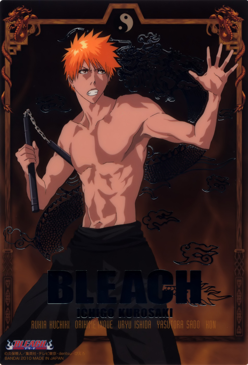 absurdres bleach bruce_lee highres kurosaki_ichigo male nunchaku orange_hair parody shirtless short_hair weapon yin_yang