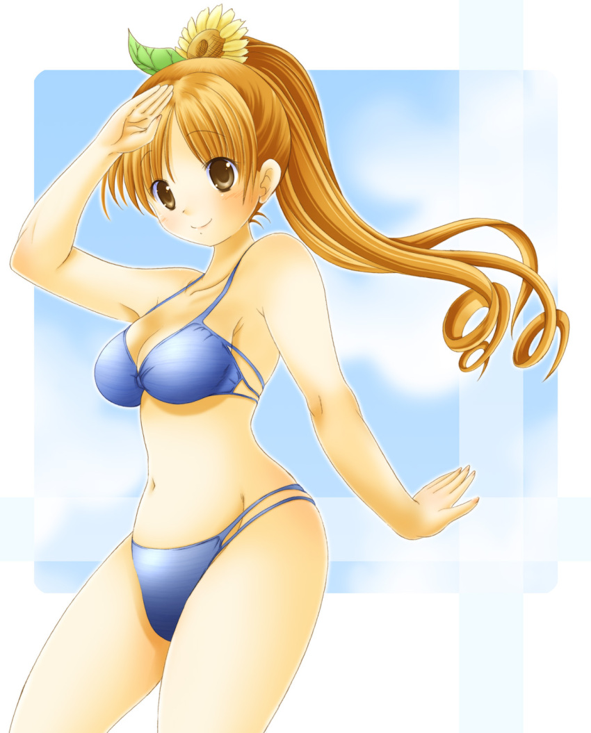 blonde_hair breasts brown_eyes brown_hair flower highres long_hair nashigami_tsubute original ponytail smile solo sunflower swimsuit tsubute