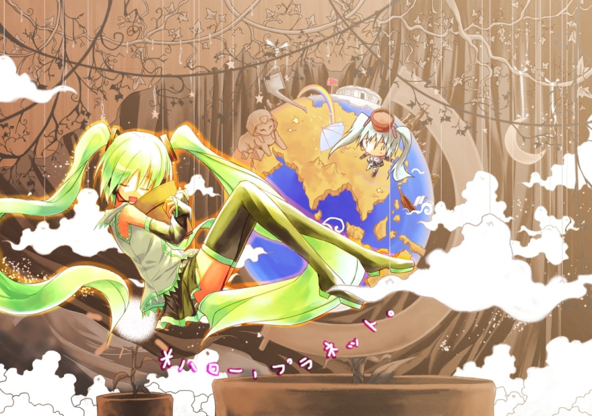 closed_eyes cloud clouds crescent detached_sleeves earth flower_pot globe green_hair hatsune_miku headset hello_planet_(vocaloid) legs long_hair mailbox necktie object_hug object_on_head pot rainbow skirt sorano_eika sphinx thigh-highs thighhighs twintails umbrella very_long_hair vocaloid watering_can