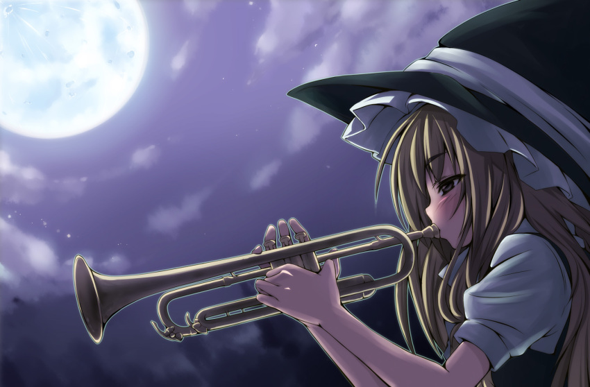 blonde_hair blush braid hat instrument karasawa-40 kirisame_marisa long_hair moon night touhou trumpet witch_hat yellow_eyes