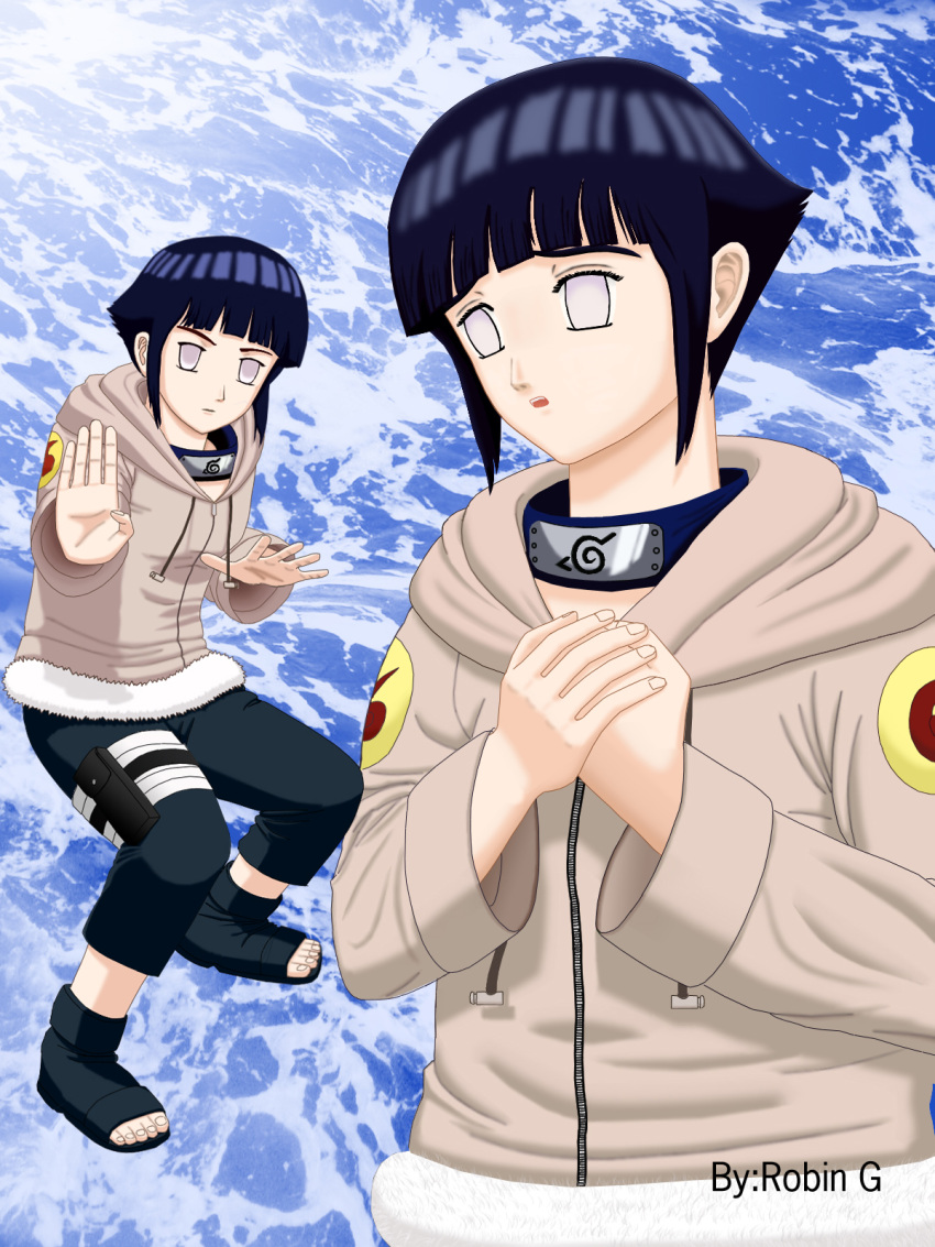 artist_request black_pants black_shoes headband hyuuga_hinata naruto open_mouth sandals short_hair standing sweater white_eyes