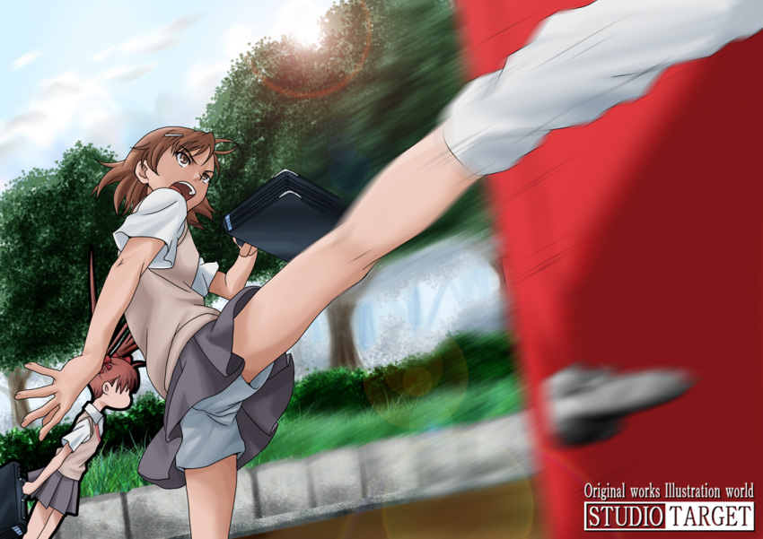 brown_eyes brown_hair foreshortening kicking kneepits lens_flare misaka_mikoto motion_blur school_uniform shirai_kuroko short_hair to_aru_kagaku_no_railgun to_aru_majutsu_no_index wan-taka