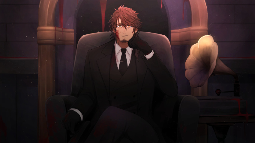 1boy armchair bangs belmond_banderas black_gloves black_jacket black_necktie black_pants black_vest blood blood_on_face brown_eyes brown_hair chair choco_(chocovix112) closed_mouth collared_shirt crossed_legs eyebrows_behind_hair facial_hair feet_out_of_frame gloves hair_between_eyes hair_over_shoulder highres indoors jacket long_hair looking_at_viewer low_ponytail male_focus necktie nijisanji on_chair open_clothes open_jacket pants phonograph ponytail shirt sitting solo stubble thick_eyebrows tie_clip vest virtual_youtuber white_shirt