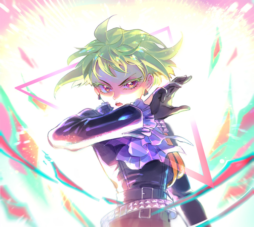 1boy 302 ascot black_gloves black_jacket blurry depth_of_field earrings fire gloves green_fire green_hair jacket jewelry lio_fotia male_focus motion_blur promare purple_fire pyrokinesis solo triangle upper_body violet_eyes