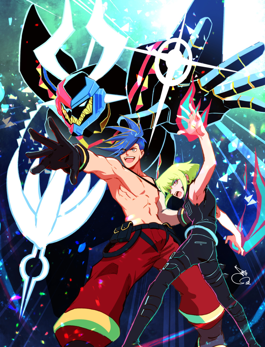 2boys 302 anime_coloring armor ascot bare_shoulders black_gloves blue_eyes blue_hair fire galo_thymos gloves green_fire green_hair highres lio_fotia mad_burnish male_focus multiple_boys no_gloves promare purple_fire pyrokinesis spiky_hair topless_male vest violet_eyes