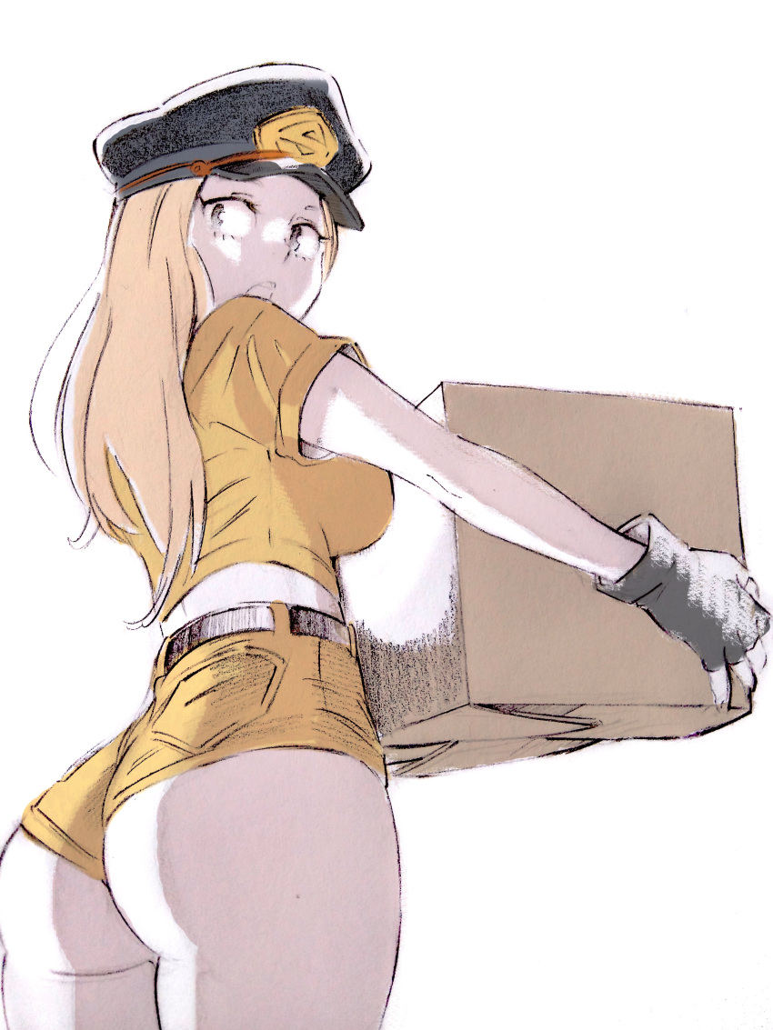 1girl absurdres ass belt black_belt black_gloves black_headwear boku_no_hero_academia box breasts cardboard_box commentary cowboy_shot english_commentary fingerless_gloves from_behind gloves hat high-waist_shorts highres holding holding_box jonakko large_breasts long_hair looking_back open_mouth peaked_cap short_shorts short_sleeves shorts simple_background solo thick_thighs thighs utsushimi_kemii