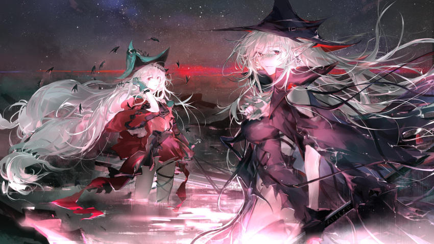 2girls arknights asymmetrical_legwear backless_dress backless_outfit bag bangs belt belt_buckle black_dress breasts buckle closed_mouth clothes_lift clothing_cutout commentary_request dress dress_lift gladiia_(arknights) hair_between_eyes hair_lift hat hat_belt highres holding holding_bag holding_weapon in_water infection_monitor_(arknights) leg_ribbon long_hair looking_at_viewer midoriii717 multiple_girls night night_sky off-shoulder_dress off_shoulder pointy_ears red_dress red_eyes reflection reflective_water ribbon rock shaded_face shoulder_cutout skadi_(arknights) skadi_the_corrupting_heart_(arknights) sky star_(sky) starry_sky very_long_hair weapon white_hair wide_sleeves