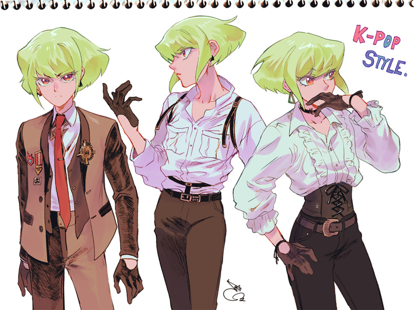 302 3boys alternate_costume ascot badge corset formal frilled_shirt_collar frills gloves green_hair half_gloves harness k-pop lio_fotia multiple_boys multiple_persona promare shirt_belt suit violet_eyes