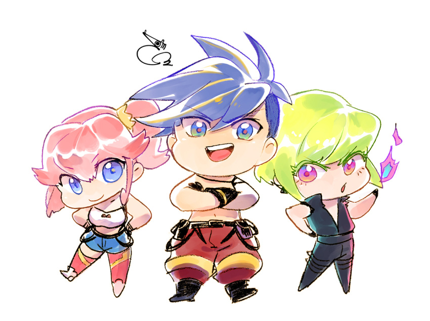 1girl 2boys 302 aina_ardebit ascot blue_eyes blue_hair chibi fire galo_thymos gloves green_fire green_hair lio_fotia male_focus midriff multiple_boys pink_hair promare purple_fire pyrokinesis side_ponytail sidelocks thigh-highs topless_male vest violet_eyes