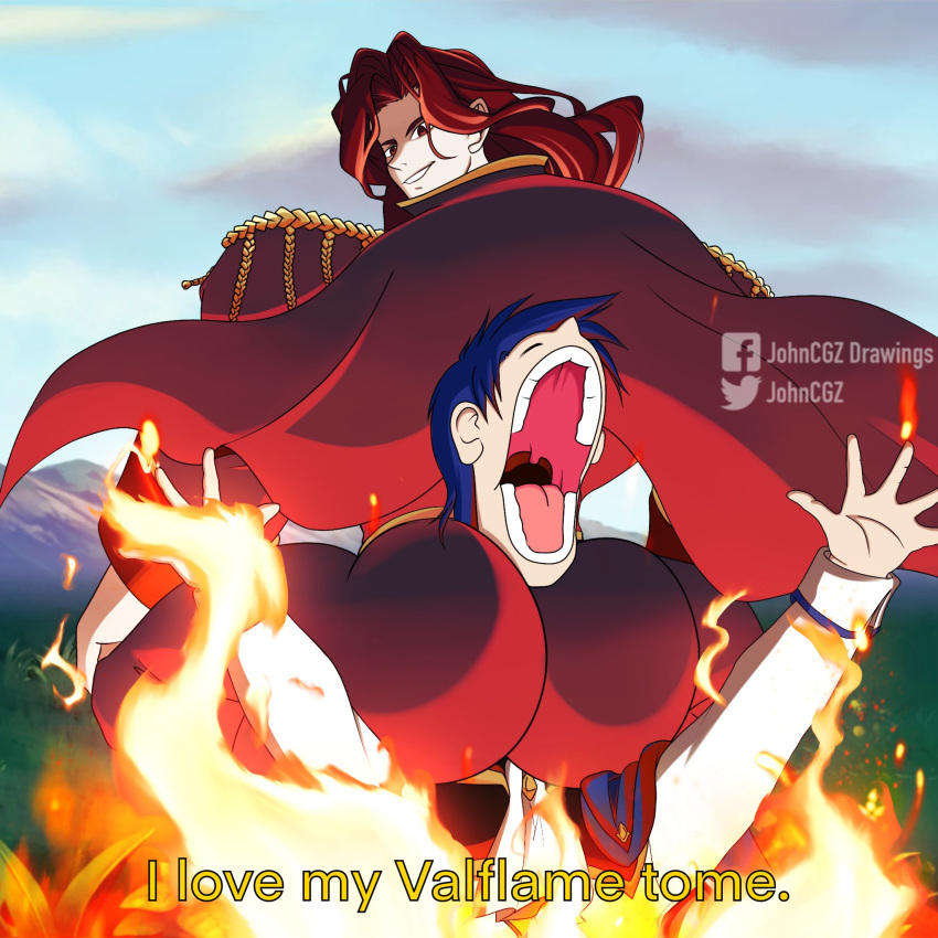 2boys alvis_(fire_emblem) ass blue_hair blue_sky broly_culo_(meme) cape clouds day english_text epaulettes fire_emblem fire_emblem:_genealogy_of_the_holy_war from_behind grin highres jacket johncgz long_hair long_sleeves looking_at_viewer looking_back male_focus meme multiple_boys outdoors red_cape red_eyes redhead sigurd_(fire_emblem) sky smile upper_body white_jacket