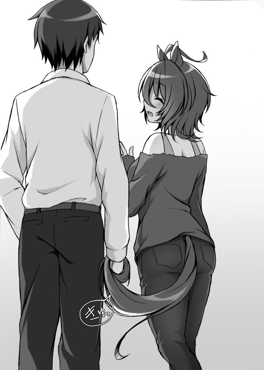 1boy 1girl :d absurdres agnes_tachyon_(umamusume) ahoge animal_ears ass bare_shoulders blush closed_eyes commentary_request couple dress_shirt from_behind greyscale hetero highres holding holding_hands holding_with_tail horse_ears horse_girl horse_tail monochrome off-shoulder_shirt off_shoulder pants prehensile_tail ryochapu shirt smile speech_bubble tail translation_request umamusume