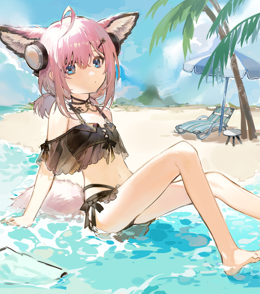 1girl absurdres ahoge animal_ear_fluff animal_ears arknights arm_support auuuie bangs bare_legs bare_shoulders barefoot beach beach_umbrella behind-the-head_headphones bikini black_bikini blue_eyes chair closed_mouth commentary day eyebrows_behind_hair feet_out_of_frame fox_ears fox_girl fox_tail hair_between_eyes hair_ornament hairclip headphones highres knees_up long_hair lounge_chair low_twintails official_alternate_costume palm_tree pink_hair sand shallow_water sitting solo sussurro_(arknights) sussurro_(summer_flowers)_(arknights) swimsuit tail tree twintails umbrella water