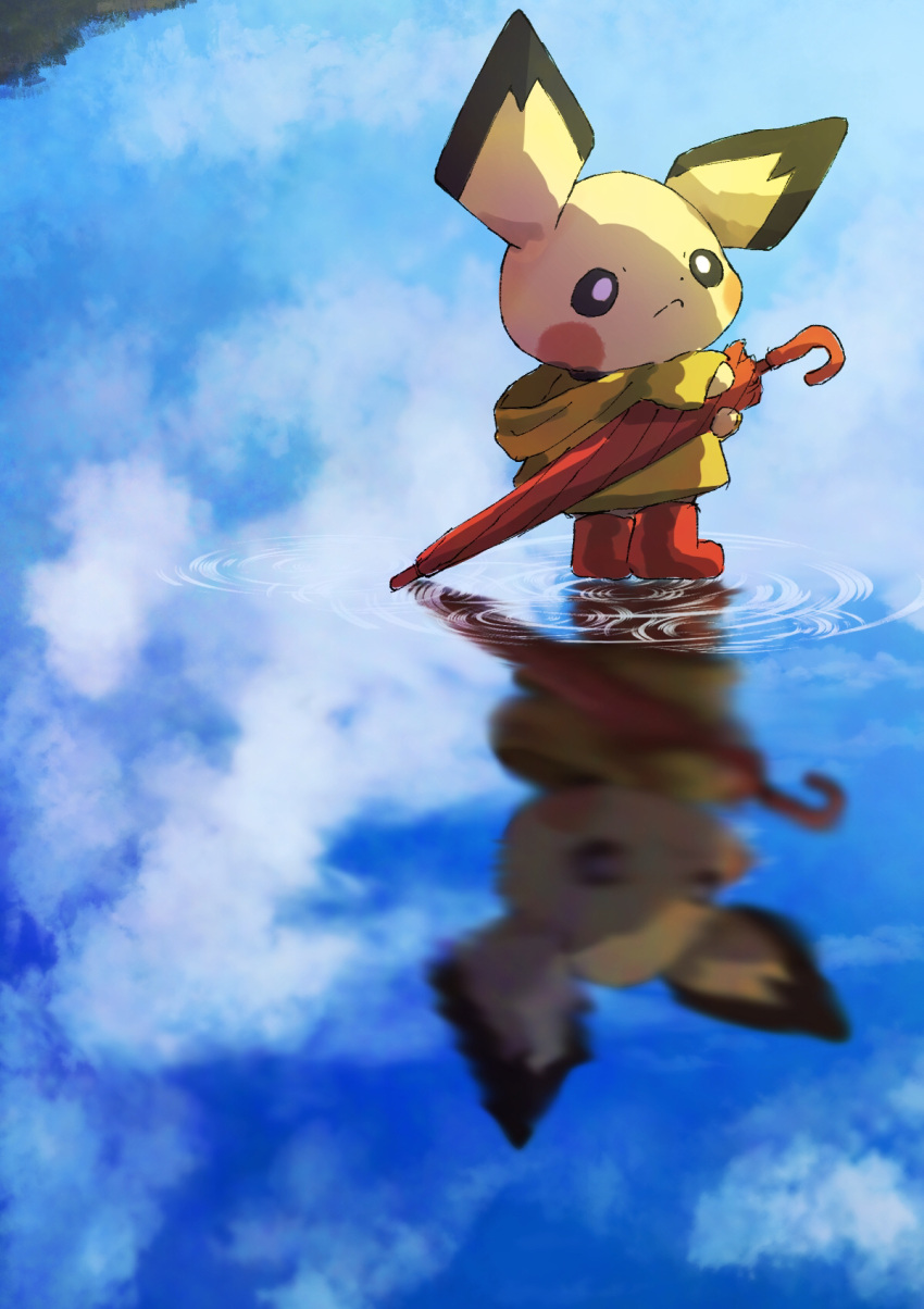animal animal_focus blurry closed_mouth clouds commentary_request frown highres holding hood hood_down looking_away misonikomiii no_humans outdoors pichu pokemon pokemon_(creature) rain_boots raincoat reflection reflective_water shadow sky standing umbrella