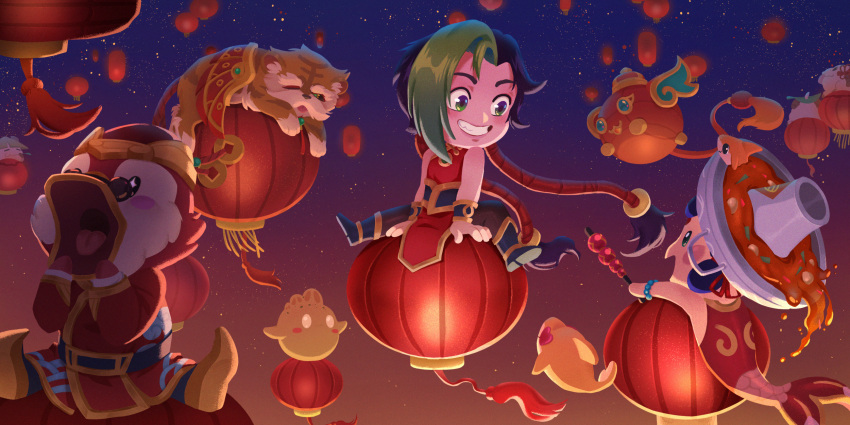 1girl asymmetrical_bangs bangs bare_shoulders black_hair bracelet china_dress chinese_clothes dress firecracker_jinx fish food glasses green_hair grin highres jewelry jinx_(league_of_legends) lamp league_of_legends little_legend long_hair open_mouth outdoors second-party_source sitting smile teamfight_tactics teeth tongue twintails yangyexin