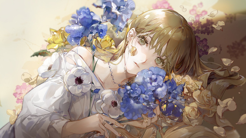1girl bangs blue_flower blunt_bangs brown_hair closed_mouth commentary earrings english_commentary fingernails flower green_eyes highres holding holding_flower jewelry long_hair long_sleeves looking_at_viewer nail_polish necklace noir_(ibaraki) off-shoulder_shirt off_shoulder original petals pink_flower pink_nails ring shirt solo upper_body water white_flower white_shirt yellow_flower